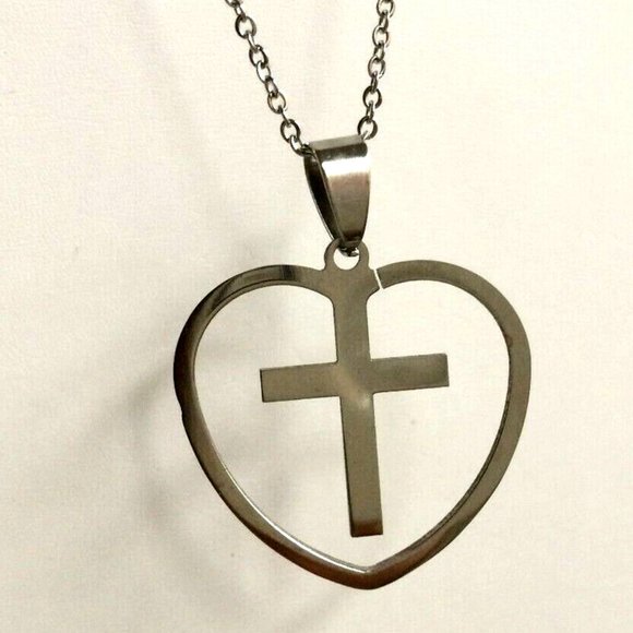 Sacred Heart Cross Necklace 24" Silver Stainless Steel Catholic Christian Gift - Picture 4 of 12